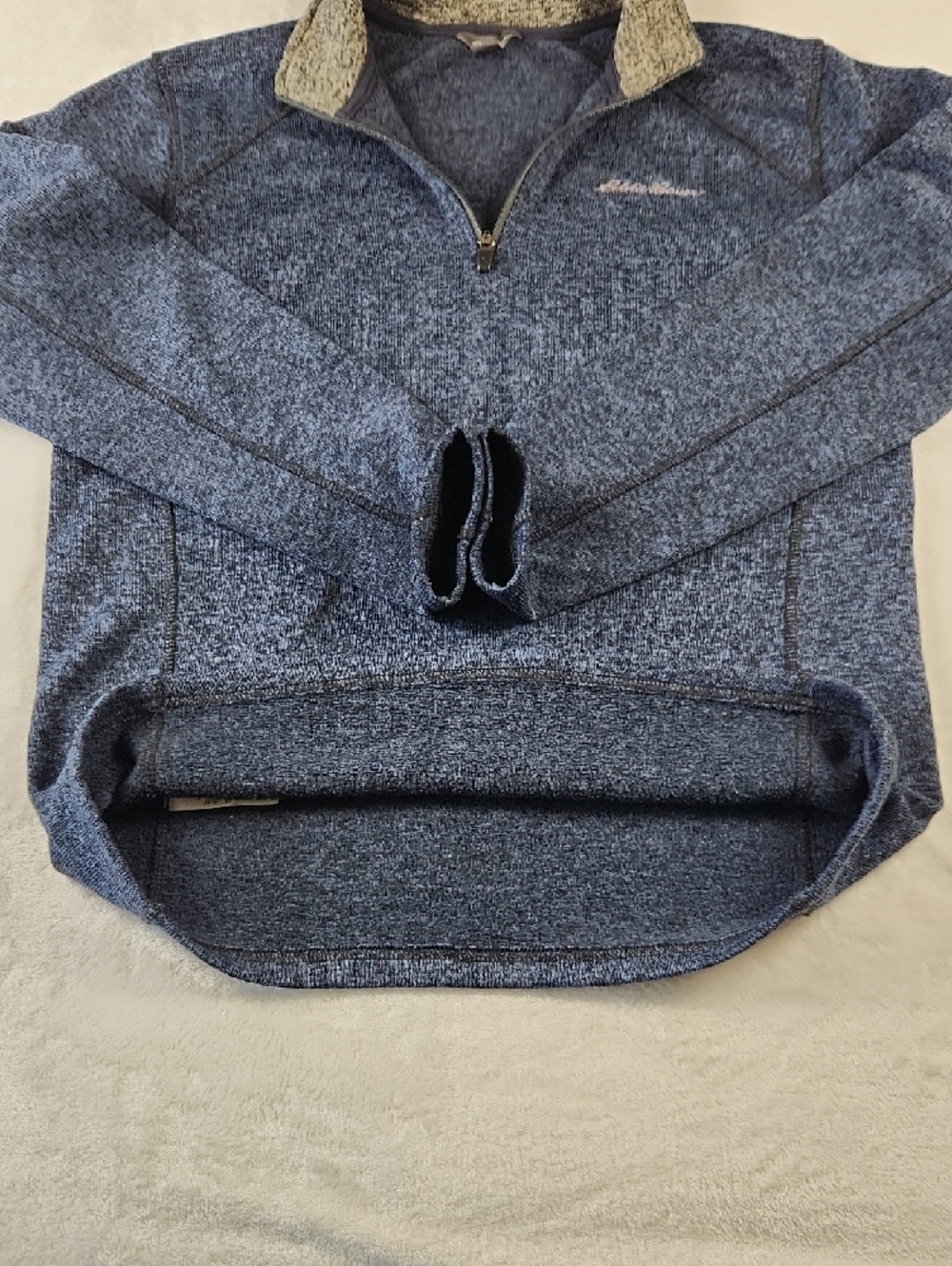 Eddie Bauer Men's L Quarter Zip Pullover Heather Navy Blue with Gray Collar - Picture 13 of 16